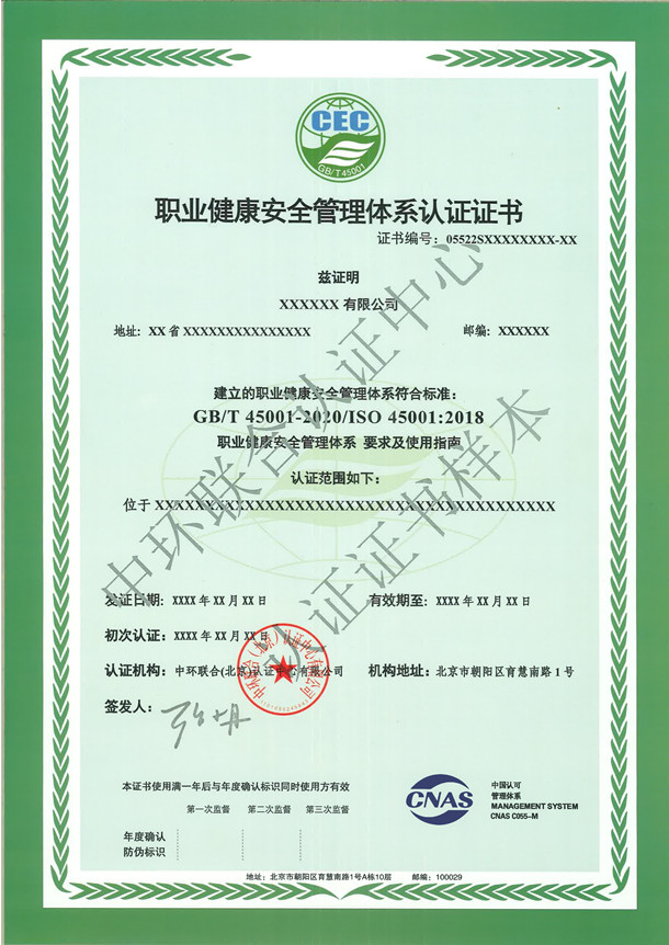 職業(yè)健康安全管理體系認證證書樣本